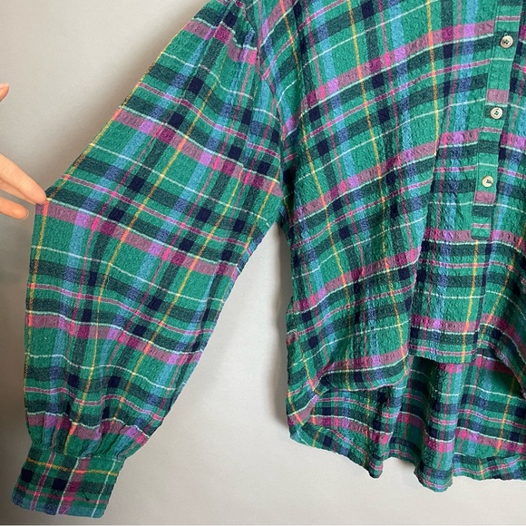 Anthropologie‎ Pilcro Cropped Puff-Sleeve Blouse Green Plaid Large Relaxed Fit - Picture 11 of 16